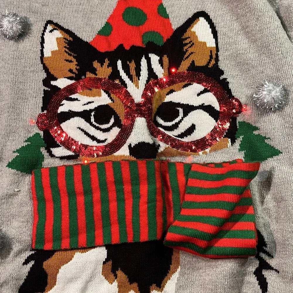 Rockin‎ Around Womens Size Large Ugly Christmas Sweater Cat Festive